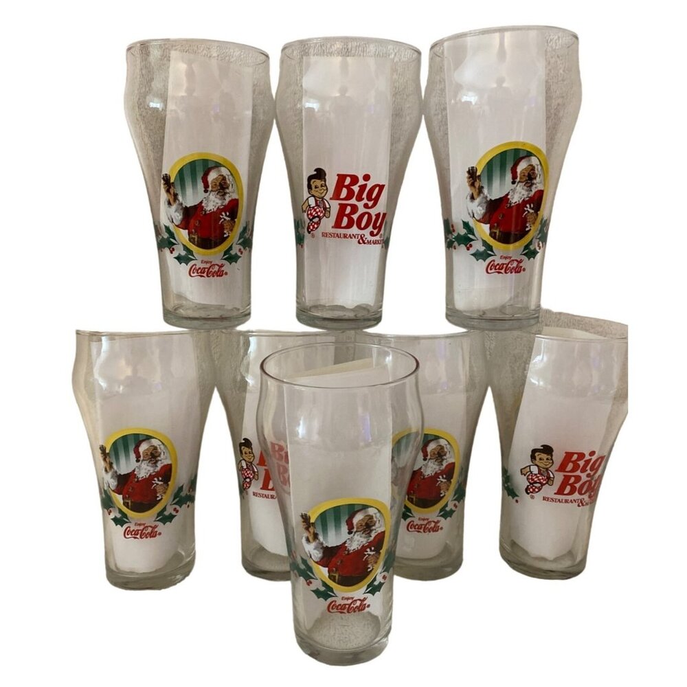Big Boy Restaurant Santa Coca Cola 8 Glasses Santa Christmas
